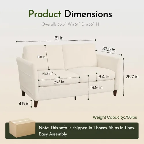 Miniatura 2 de Valthie 61" Corduroy Loveseat Sofa, Modern Comfy Couches with Side Pocket, 2-Seater Sofa Couch for Living Room, Bedroom and Small Spaces,Beige