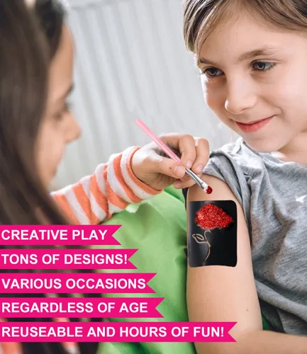 Miniatura 5 de Kit de tatuaje temporal con purpurina para maquillaje de niños, 30 purpurina corporal, 3 pegamento de purpurina, 5 hojas de plantillas de tatuajes