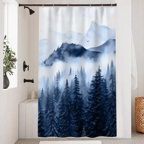 Miniatura 19 de Cortina de ducha pequeña en blanco y negro, juego de cortina de ducha de bosque brumoso para baño, impermeable, decoración de baño de montaña