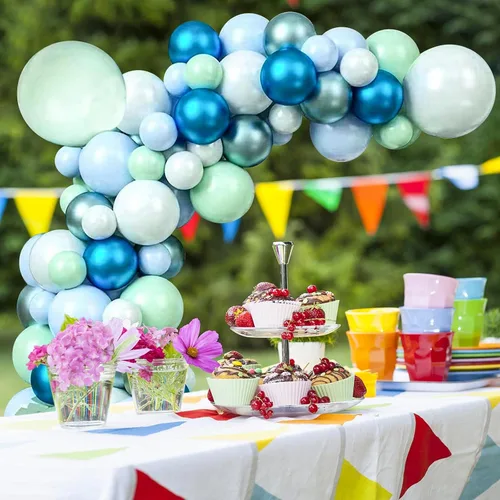 Miniatura 4 de Kit de guirnalda de globos de 125 piezas azul verde macarrón y globos azul metálico plateado para decoración de fiestas de cumpleaños, jubilación