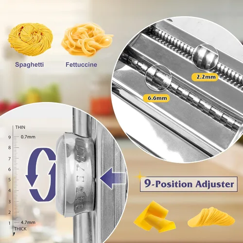 Miniatura 4 de Juego de máquina para hacer pasta con estante de secado de pasta, máquina para hacer fideos, 9 ajustes de grosor ajustables, regalos para ella