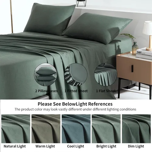 Miniatura 5 de TUMEI - Juego de ropa de cama de lino de 4 piezas, tamaño king, verde, suave, transpirable y duradero, con sábana ajustable de bolsillo profundo