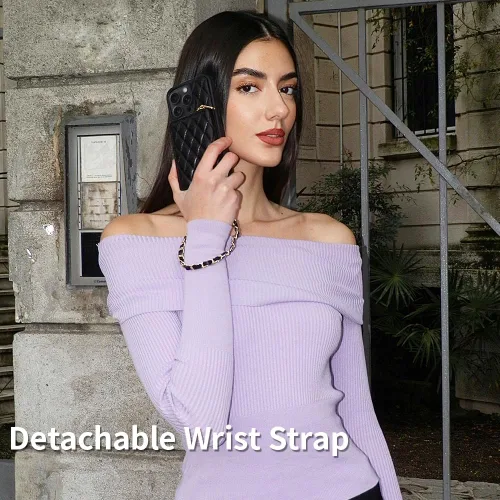 Miniatura 5 de LAMEEKU Funda Cartera para iPhone 15 Pro, Bolso Cartera Cruzada con Portarjetas, Correa de Muñeca de Cuero Acolchado con Cremallera y Bloqueo RFID