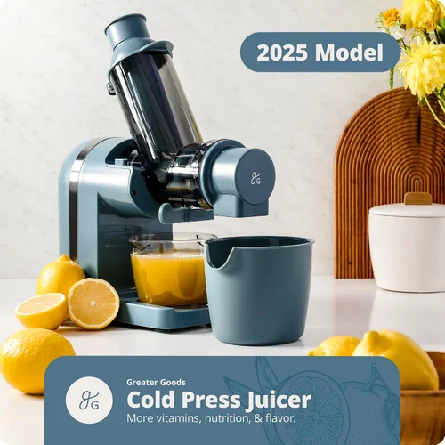 Miniatura 2 de Greater Goods Exprimidor de prensa en frío, potente extractor de jugo de masticación lenta con motor silencioso para frutas y verduras, alto Azul