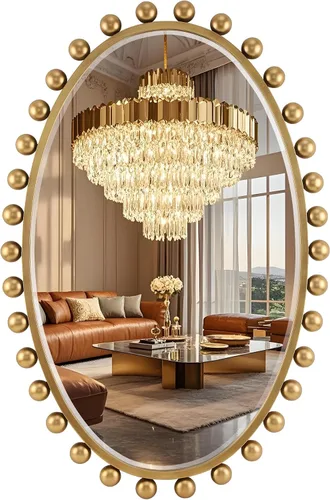Espejo ovalado de pared de 24 x 36 pulgadas con vidrio biselado, marco de bola de cuentas de oro antiguo, espejo de pared colgante vertical y