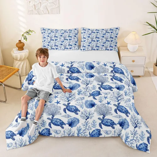 Miniatura 78 de Manfei Go Fishing Juego de edredón tamaño King para niños, juego de ropa de cama con diseño geométrico de peces de bass y rombos, decoración
