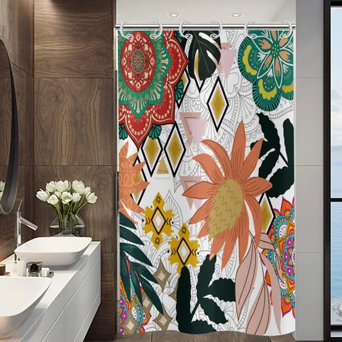 Miniatura 18 de Cortina de ducha bohemia y chic, cortina de baño moderna con hojas tropicales abstractas y ramas botánicas doradas, para decoración del hogar, tela