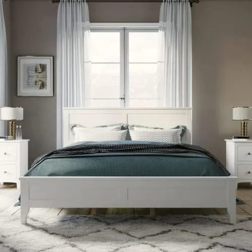 Miniatura 9 de Majnesvon Cama de plataforma de tamaño matrimonial con cabecera y estribo, cama de plataforma de madera maciza blanca de estilo conciso tradicional