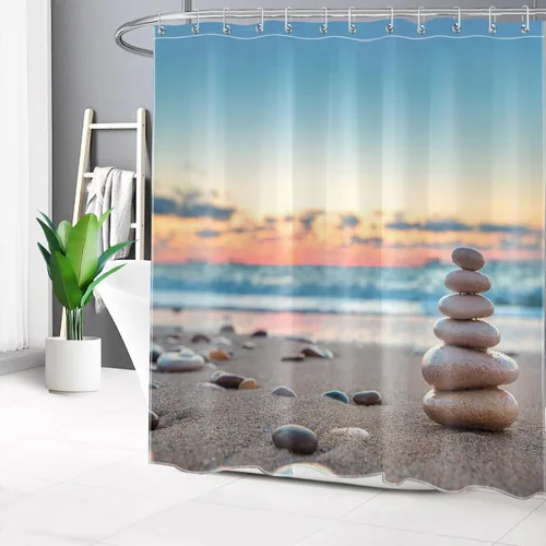 Miniatura 10 de LB Cortina de ducha asiática de piedra zen, cortina de ducha japonesa para baño, cortinas de baño de tela negra de 48 x 72 pulgadas con ganchos