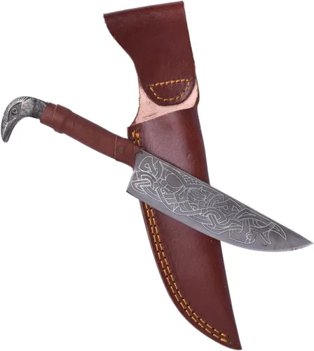 Miniatura 11 de Cuchillo Odin's Raven estilo vikingo nórdico de 10.3" - Hoja de acero al carbono forjada a mano de 6.5", empuñadura con cabeza de cuervo y funda