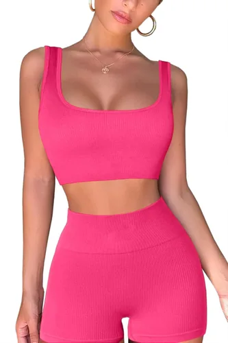 Miniatura 3 de QINSEN Conjuntos de entrenamiento para mujer, 2 piezas, sin costuras, camiseta acanalada sin mangas, pantalones cortos de cintura alta, atuendo