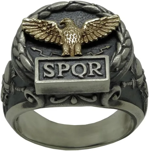 Miniatura 2 de Anillo de plata de ley y oro macizo amarillo de 10 quilates hecho a medida con águila del imperio romano SPQR Skull Biker para hombre