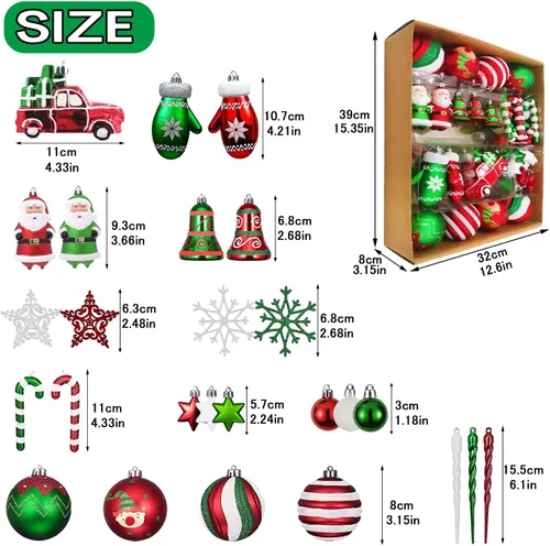 Miniatura 3 de Juego de Adornos de Bolas de Navidad, 64 unidades, Colección Splendor Alegre Rojo Verde Blanco, Adornos Navideños Surtidos Irrompibles para Fiestas