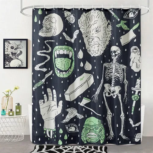 Estmy Juego de cortinas de ducha vintage de Halloween, tela de gofre resistente, espeluznante esqueleto gótico, calaveras, murciélagos, divertidas y