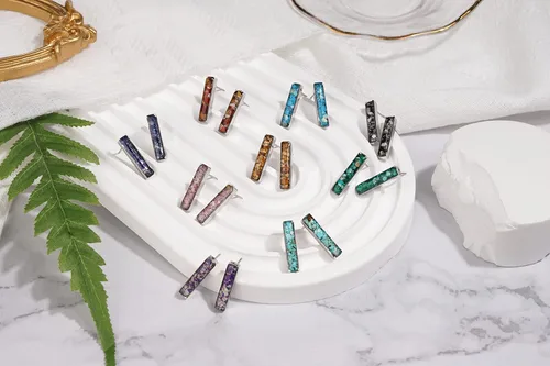 Miniatura 6 de Aretes de barra de piedras preciosas para mujer, delicados aretes de sodalita de malaquita turquesa y cristal curativo natural, aretes de barra