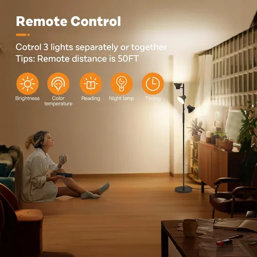 Miniatura 4 de SIBRILLE Lámpara de pie LED, lámpara de pie moderna de 36 W con control remoto y táctil, 4 temperaturas de color, lámpara de pie con 3 luces Negro