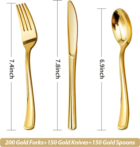Miniatura 4 de Goodluck 500 cubiertos de plástico dorados, utensilios dorados desechables, juego de cubiertos de plástico de 200 tenedores, 150 cucharas, 150