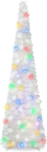 Miniatura 11 de Árbol de Navidad Emergente de 5 Pies con Luces, Árbol de Lápiz Plegable Rosa, Árbol de Navidad Delgado Árbol de Navidad Esbelto, Árbol de Oropel