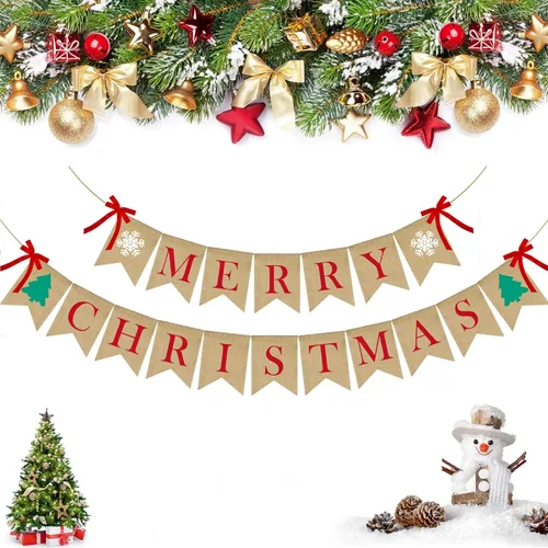 PACETAP Cartel de arpillera de Feliz Navidad con 4 lazos rojos, decoración navideña para el hogar para interiores, chimenea, pared, árbol