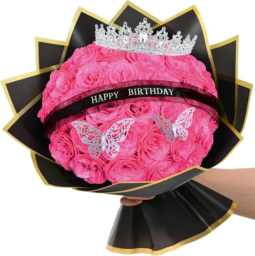 Miniatura 9 de Waipfaru Ramo de rosas con purpurina, regalos de cumpleaños para mujeres y madres, ramo de flores falsas con letreros de cumpleaños, 36 rosas negras