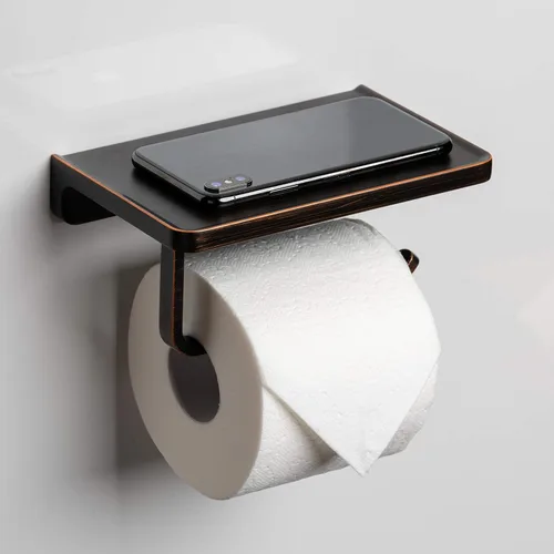 Linkaa Soporte de papel higiénico de bronce con estante de bronce aceitado, dispensador de rollos de papel higiénico de montaje en pared con estante