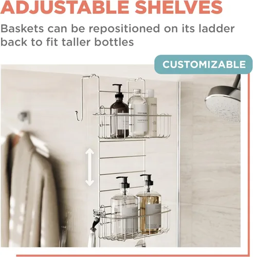 Miniatura 4 de Zenna Home Organizador de ducha para colgar sobre la puerta de la ducha, estante de acero inoxidable con 2 estantes y ganchos integrados, estante