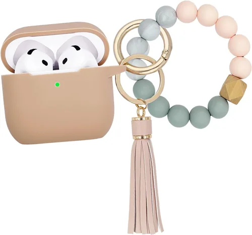KOUJAON Funda compatible con AirPods 4, funda protectora de silicona suave con llavero de pulsera, compatible con auriculares inalámbricos Apple Té