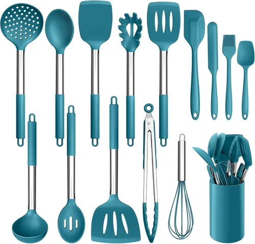 Miniatura 10 de LIANYU Juego de utensilios de cocina de 15 piezas con soporte, herramientas de cocina de silicona, mango de acero inoxidable, espátula ranurada, Rojo