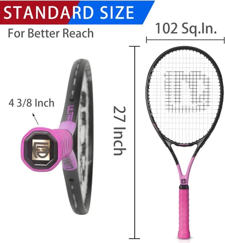 Miniatura 2 de Raqueta de tenis para adultos, paquete de 2 raquetas de tenis duraderas de 27 pulgadas, ligera, preencordada y regrip, adecuada para principiantes a