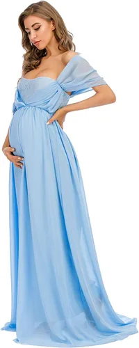 Miniatura 5 de ZIUMUDY Vestido de gasa de maternidad con hombros descubiertos para sesión de fotos, maxi vestido de encaje para baby shower, vestido de fiesta