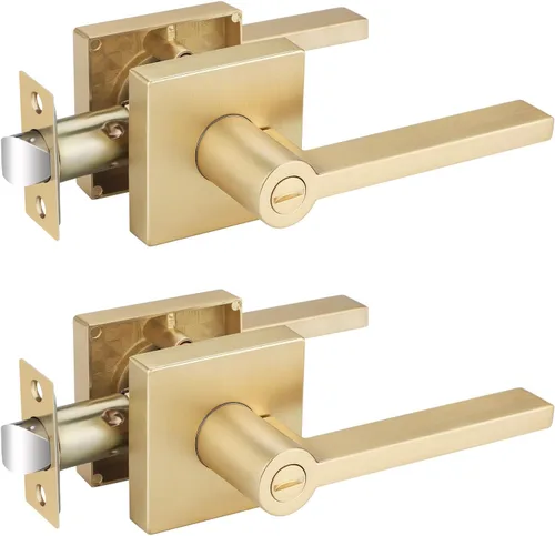Miniatura 38 de EHOMEWARE Juego de manijas de puerta delantera doradas, palanca de puerta cuadrada resistente de latón y cerrojo de un solo cilindro reversible