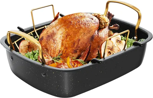 Sartén para asar Slow Slog, asador de 17" x 13" con estante removible, sartén para asar antiadherente para pavo, carne y verduras (dorado)