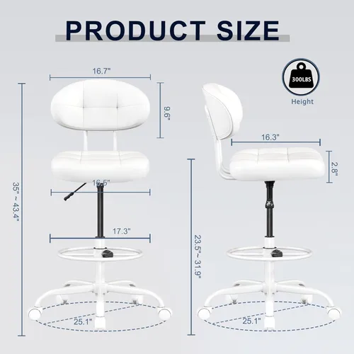 Miniatura 3 de Silla de Dibujo Misolant, Silla de Oficina Alta Sin Brazos con Anillo de Reposapiés para Escritorio de Pie, Silla Ejecutiva Pequeña de Cuero Blanco