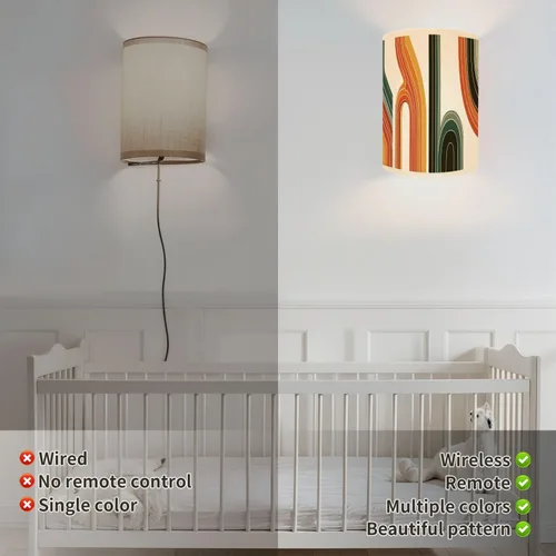 Miniatura 4 de Juego de dos apliques de pared con pilas, estilo retro, vintage, estilo años 70, líneas de póster, formas enchufables, accesorios de pared