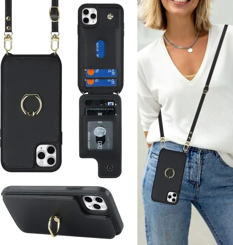Miniatura 9 de Lipvina para iPhone 11 Pro Funda para teléfono con tarjetero y correa para mujeres, cordón cruzado, soporte de anillo con patas, cierre de presión