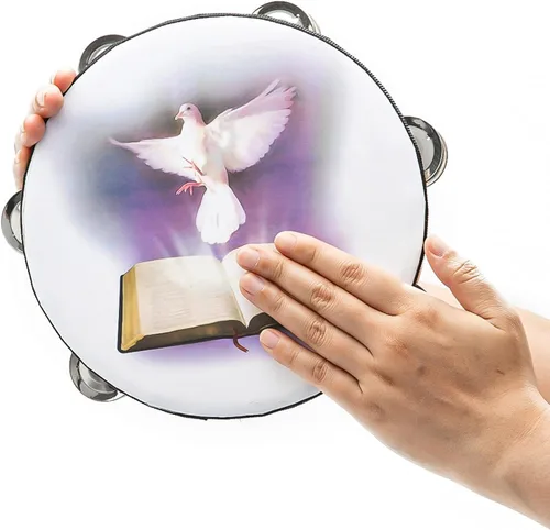 Musfunny Pandereta de Cascabeles Dove Bible de Doble Fila de 8 Pulgadas para Adultos, Pandereta de Campana de Mano Tambor de Palmadas para Oración