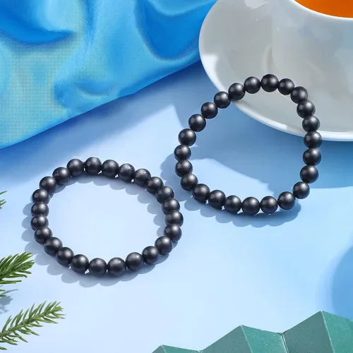 Miniatura 3 de Hicarer 2 pulseras de shungita negras con cuentas de shungita, piedras elásticas de cristal, joyería energética, poderoso defensor espiritual
