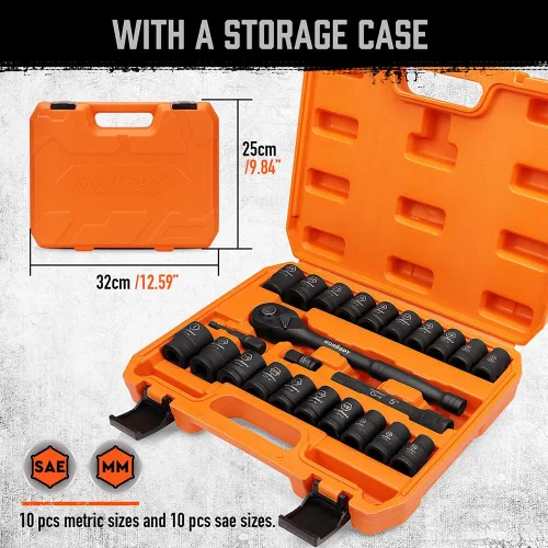 Miniatura 6 de HORUSDY Juego de dados de impacto poco profundo de 1/2 pulgada, SAE de 24 piezas (7/16"-1") y métricas (13-24mm), 6 puntos, Cr-V, incluye mango