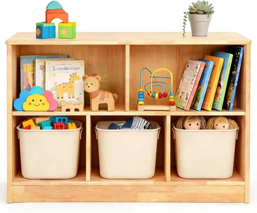 Miniatura 9 de wingyz Organizador de almacenamiento de madera, 35.5 pulgadas de largo, estante Montessori de 5 secciones para juguetes y libros, armario de madera