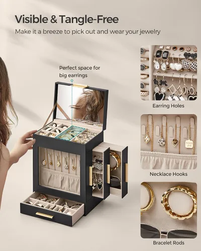 Miniatura 5 de SONGMICS Joyero con ventana de cristal, organizador de joyas de 5 capas con 3 cajones laterales, almacenamiento de joyas, con espejo grande