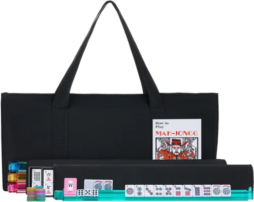 Juego de Mahjong Americano HNDTEK - Bolsa Suave Negra - 166 Azulejos Blancos Grabados, 4 Rack/Empujadores Todo en Uno, Juego de Mah Jongg Occidental