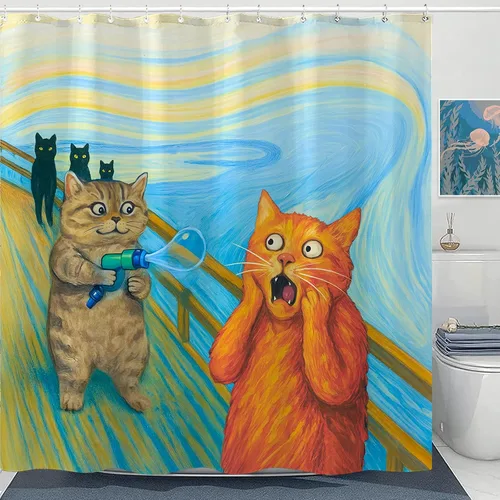 Miniatura 16 de Juego de cortinas de ducha relajadas con diseño de ondas de arte japonés impermeable, cortina de ducha para baño, divertida escena de vacaciones