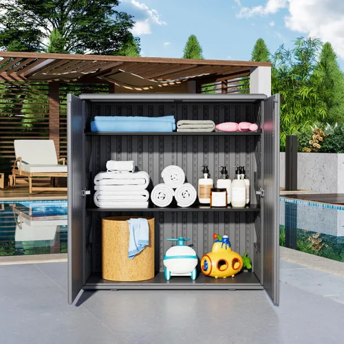 Miniatura 7 de KINYING Armario de almacenamiento para exteriores, impermeable, caja de cubierta de resina de 62 galones para cojines de muebles de patio, Gris