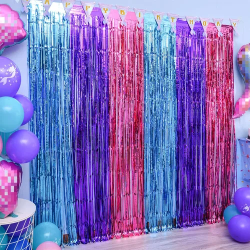 LOLStar Decoraciones de cumpleaños de Sirenita, paquete de 2 cortinas de flecos de papel de aluminio de oropel azul púrpura fucsia de 3.3 x 6.6