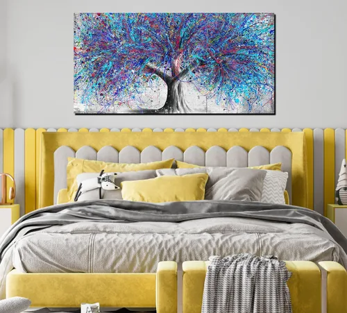 Miniatura 5 de GUGIKA Arte de pared de árbol para sala de estar, lienzo de acuarela azul para decoración de pared en el dormitorio, pintura de grafiti de Banksy