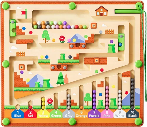 zhiwuzhu Laberinto magnético de color y números para juguetes Montessori, tablero de aprendizaje a juego de madera para niños de 2 a 4 años,