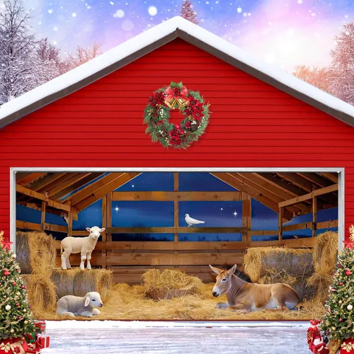 Miniatura 11 de Cubierta de puerta de garaje de Navidad de 6 x 8 pies, Papá Noel, retro, camión, nieve, árbol de Navidad, decoración de puerta de garaje, decoración