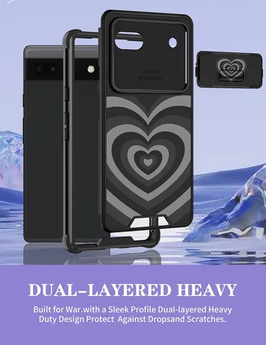 Miniatura 5 de Funda para Google Pixel 6A con diseño de corazón para niñas y mujeres, diseño único de moda negra con funda de cámara deslizante, fundas estéticas