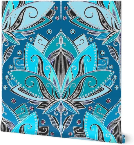 Muestra de papel tapiz extraíble - Art Deco Lotus Teal Turquoise Negro Nouveau Retro Tea Geométrico Azul Aqua Papel pintado personalizado pre-pegado