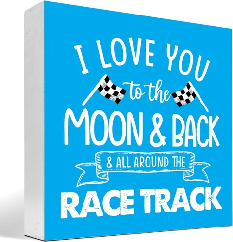 Miniatura 15 de Letrero de madera "I Love You To The Moon And Back And All Around The Race Track" para decoración de escritorio, letrero de caja con banderas a